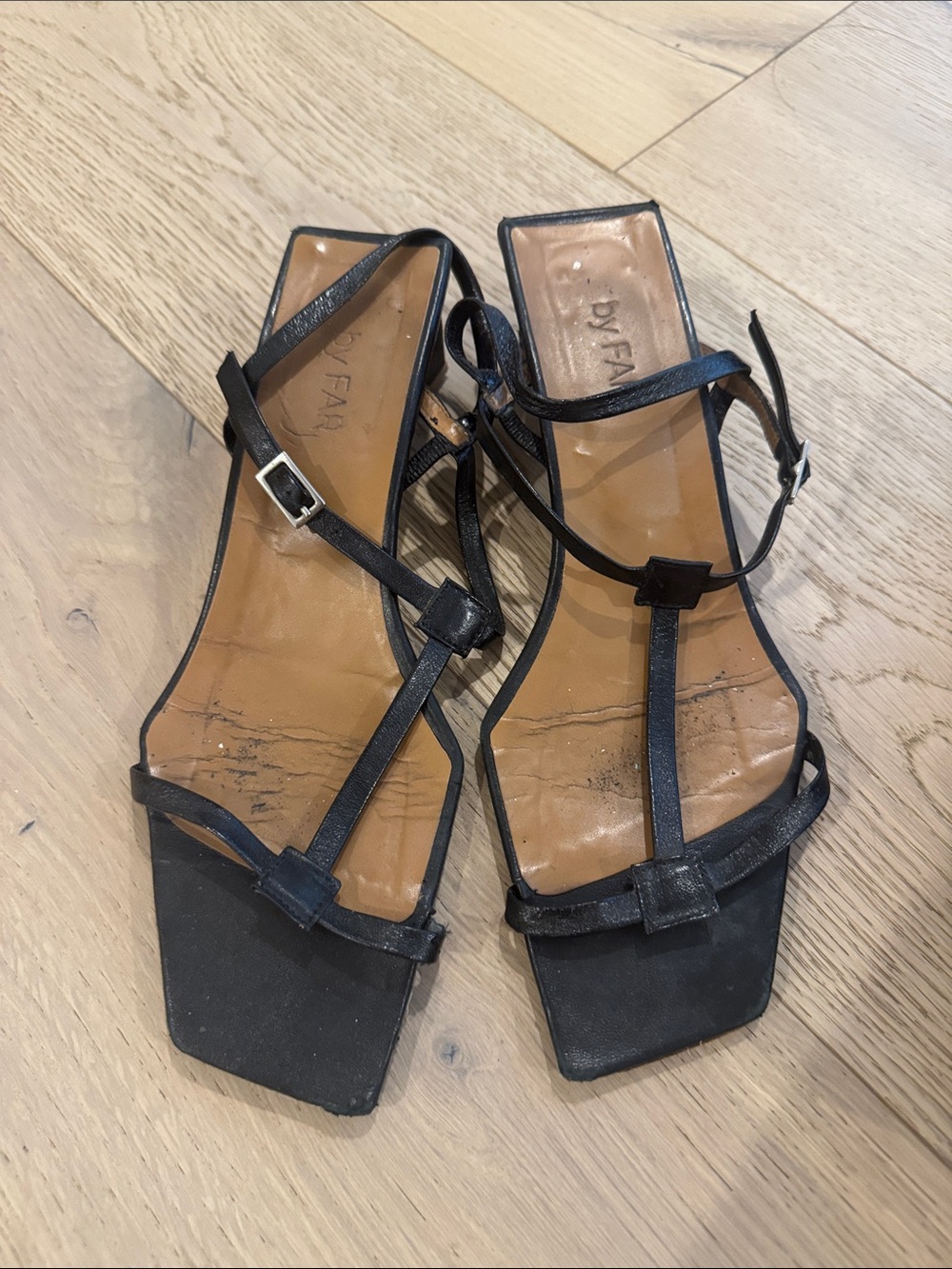 BY FAR Black Strappy Square-Toe Heeled Sandals